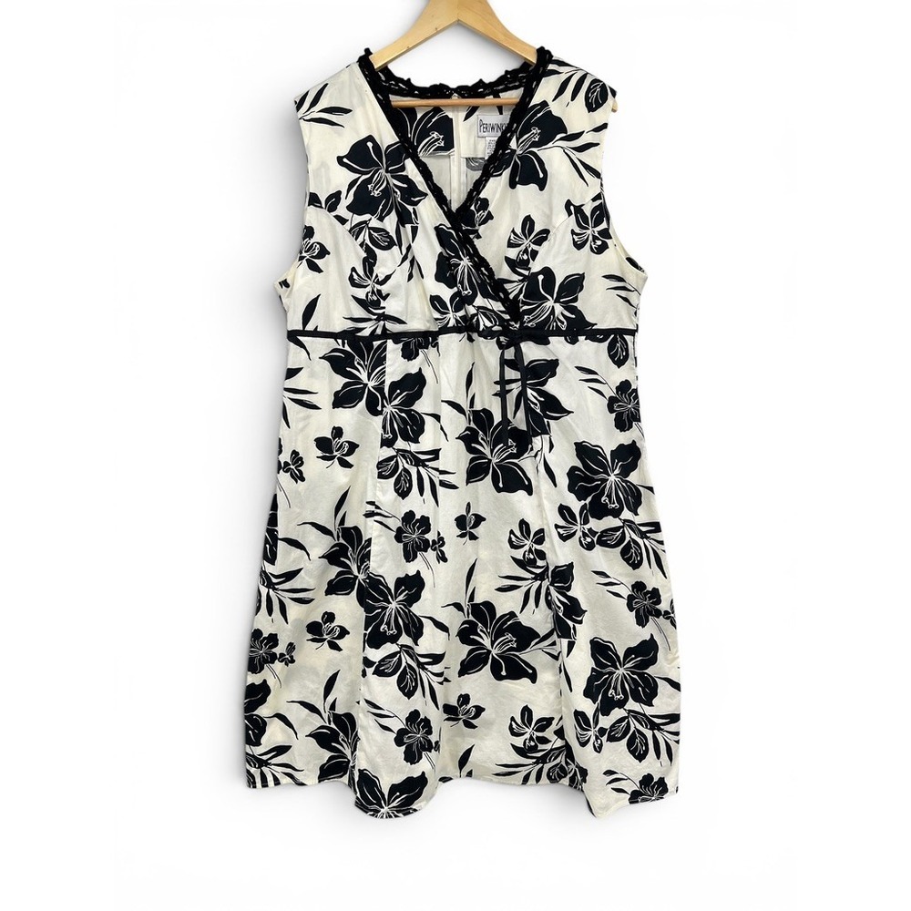 Periwinkle Black White Floral Cotton Lace Trim Empire Waist Midi Dress Plus 22W
